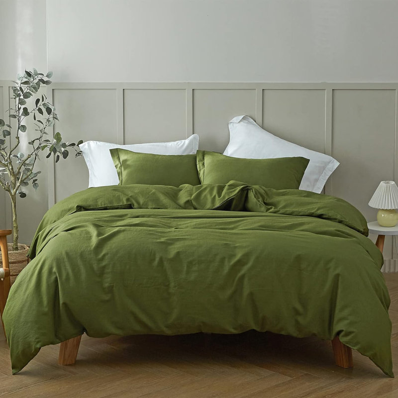 Ensemble de housse de couette en lin , Vert forêt, Housse de couette pour très grand lit et 2 taies