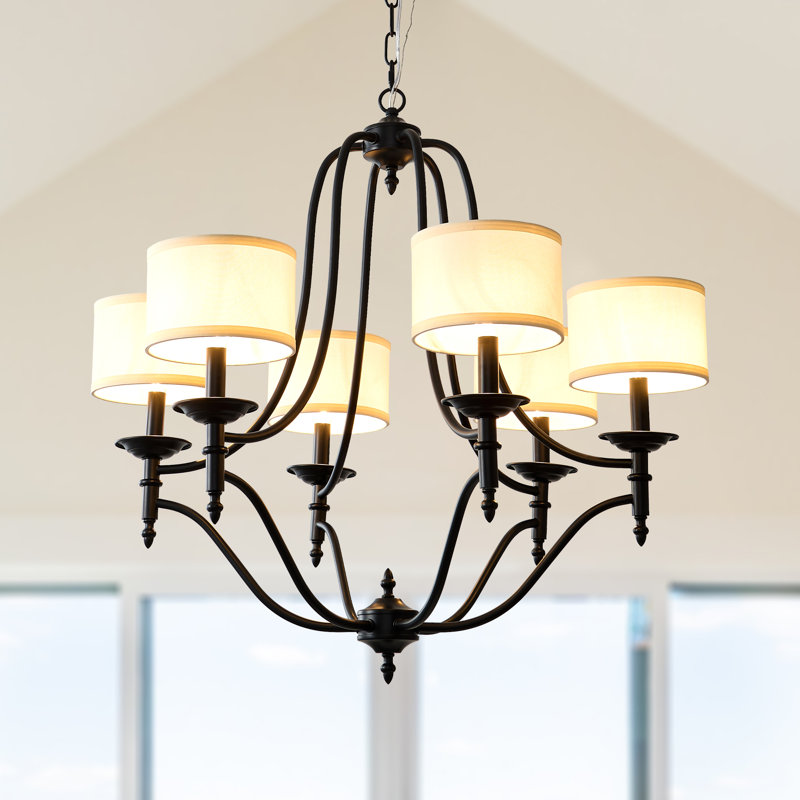 6 - Light Traditional / Classic Farmhouse Chandelier with Fabric, 30 Inch Black Chandelier with Shades