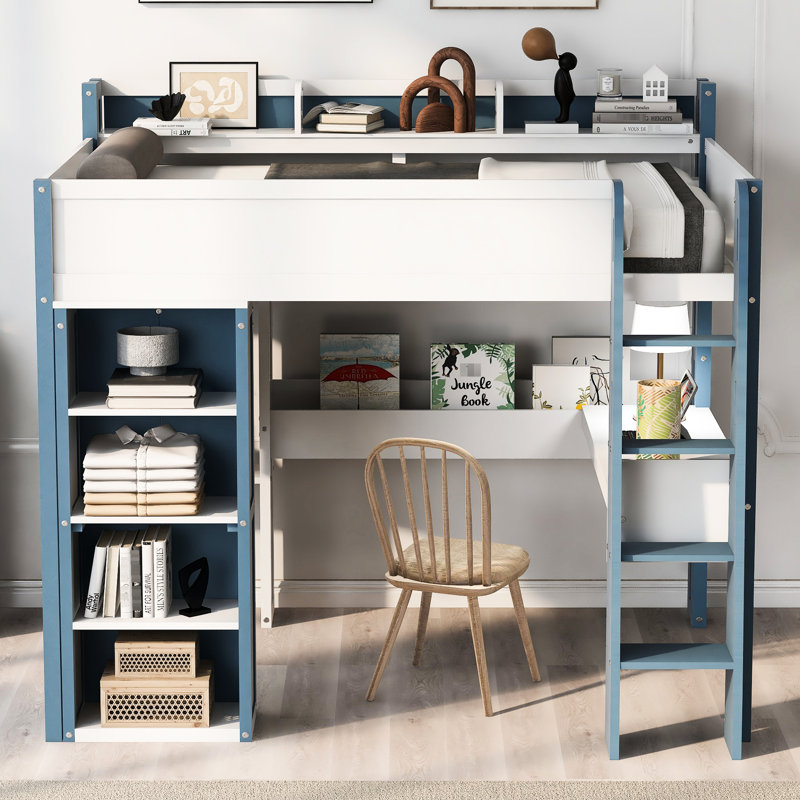 Lit mezzanine double en bois blanc et bleu avec rangement et bureau de travail - look élégant, fonction pratique, installation simple réglable dans un style contemporain, structure stable, assemblage rapide