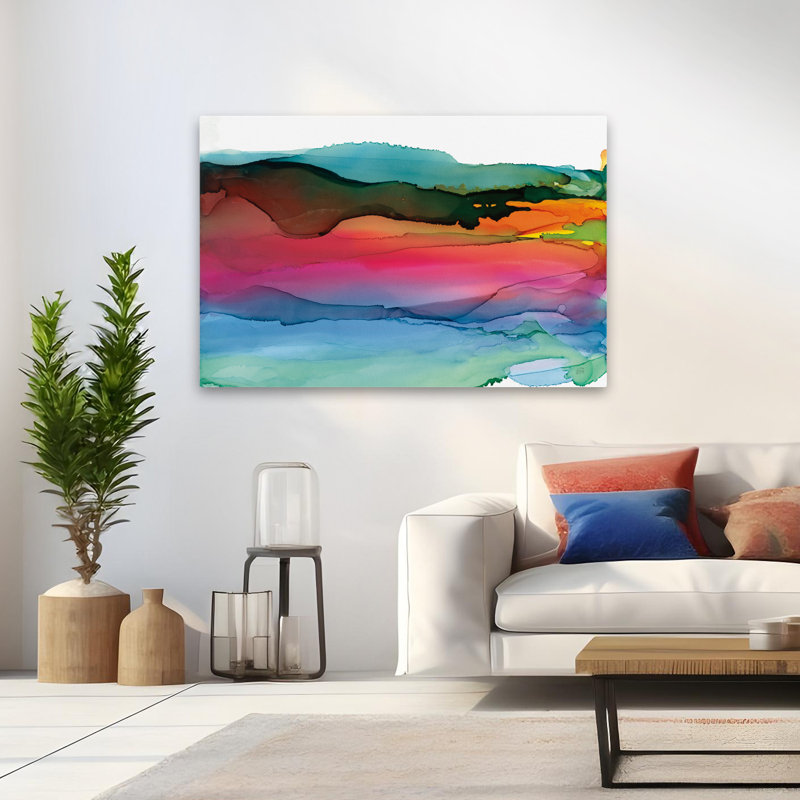 «Rainbowscape I Crop» - art abstrait à l'encre noire et noire, H 36 po x l 48 po