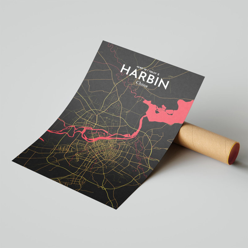 «Harbin City Map», impression, H 17 po x l 11 po, Noir / rouge / jaune