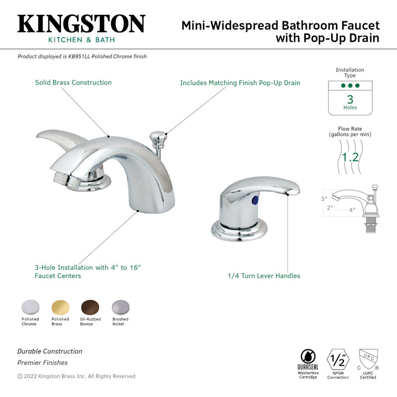 Kingston Brass Legacy Two-Handle 3-Hole Deck Mount Mini-Widespread Bathroom Faucet with Plastic Pop-Up, Brushed Nickel