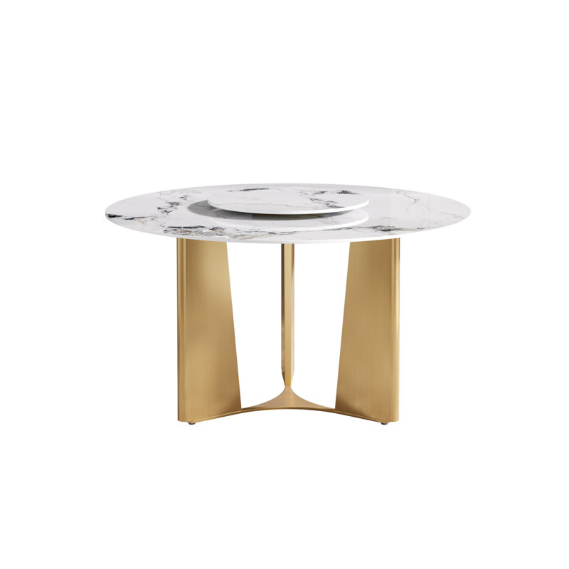 Table de salle à manger ronde en pierre frittée avec plateau tournant, H 29,53 po x L 53,15 po x l 53,15 po, Patek