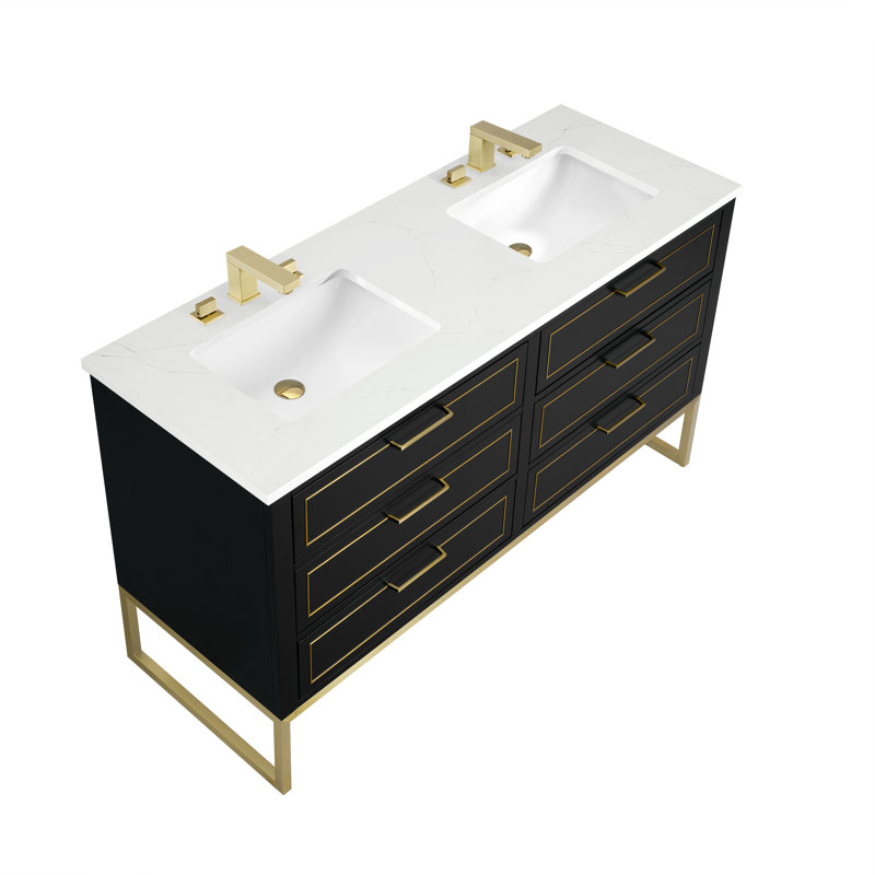 Markham 60'' W Double Vanity, Midnight Black, Satin Brass, Universal Calacatta Quartz