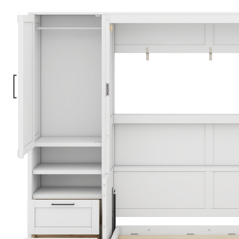 Lit escamotable Murphy avec placard, tiroirs et tablettes, Blanc, Grand