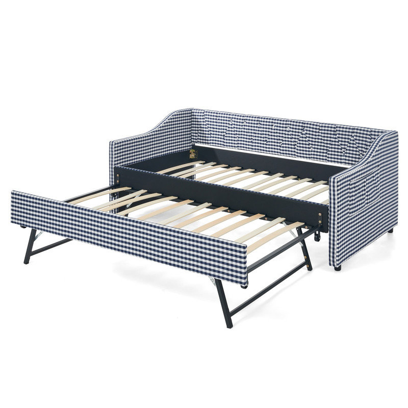Dark Blue Upholstered Convertible Twin Size Daybed, 3-in-1 Multi-Functional Sofa Bed with Tufted Button Backrest, Pull Out Pop-Up Trundle Bed and Side Storage Pockets for Small Space Living
