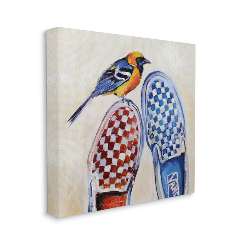 Oriole, oiseau sur des espadrilles à carreaux rétro, reproduction d'art, H 17 po x l 17 po x P 1,5 po, Toile tendue
