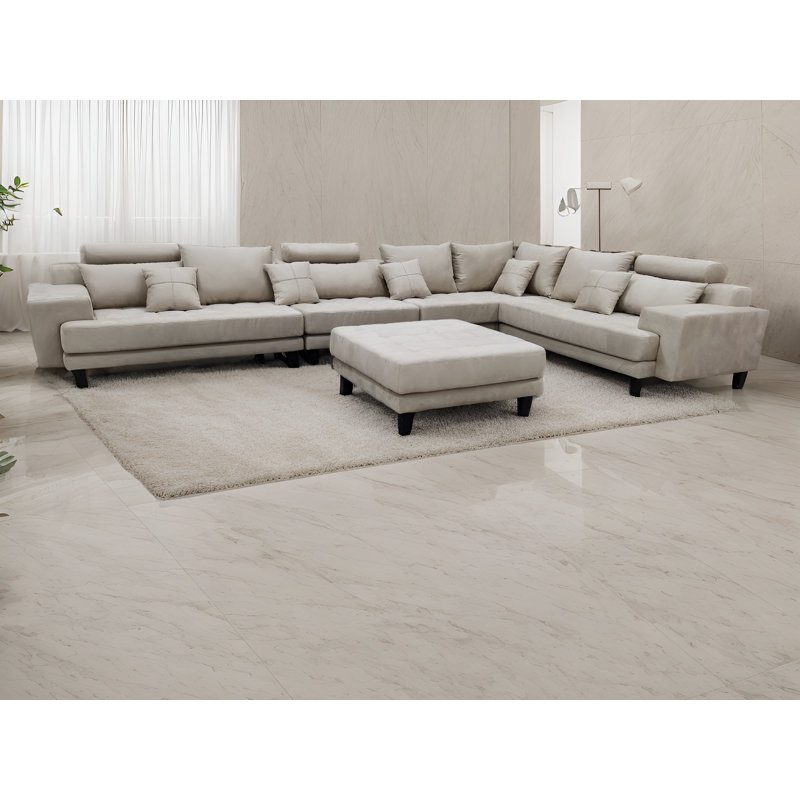 Mandey Upholstered Sectional Reversible, Beige Microfiber/Microsuede