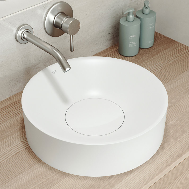 Lavabo vasque de salle de bain VIGO Elan, lavabo vasque rond blanc mat Matte Stone ™ de 16 po pour comptoir de salle de bain, lavabo de salle de bain au-dessus du comptoir, lavabo de meuble-lavabo rond sans joint
