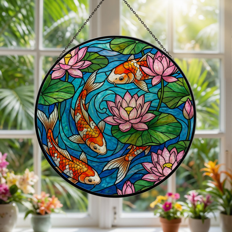 Panneau de vitrail 12 po H Koi Fish, H 12 po x l 12 po