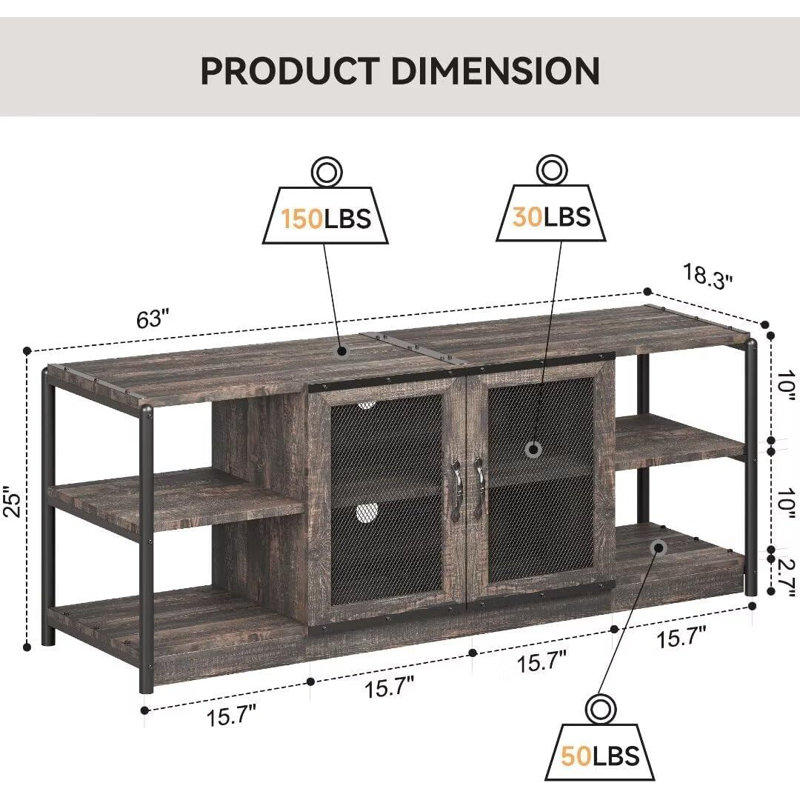 63" TV Stand, With Storage Shelves, Chêne rustique / Noir