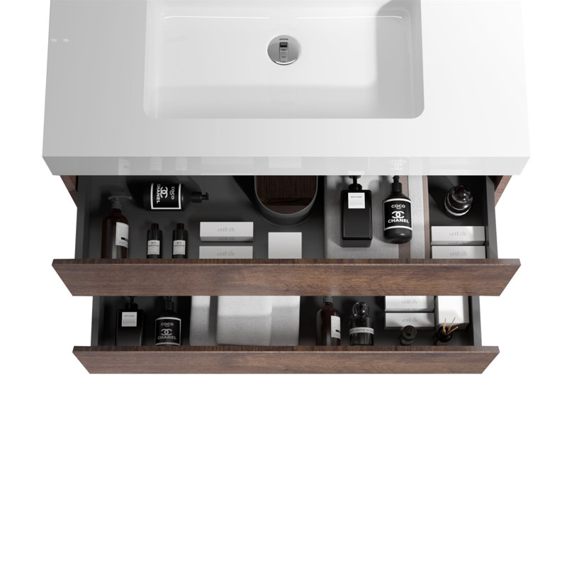 Meuble-lavabo 24 po en noyer avec lavabo, grand rangement, conception flottante murale pour salle de bain moderne, lavabo une pièce