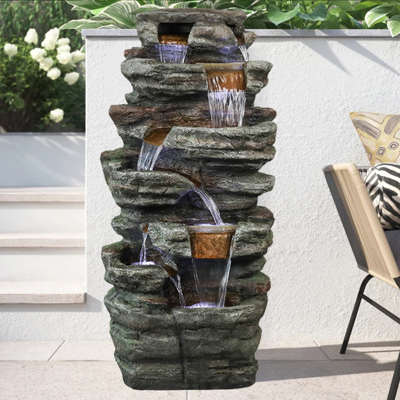 Durwyn 48'' High 6-Tier Cascading Rock Outdoor Water Fountain with LED Lights