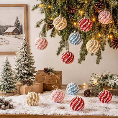 Ensemble de 12 boules de Noël nacrées de 8 cm (3,15 po), multicolores, roses, champagne, rouges et bleues, pour décorer le sapin de Noël.