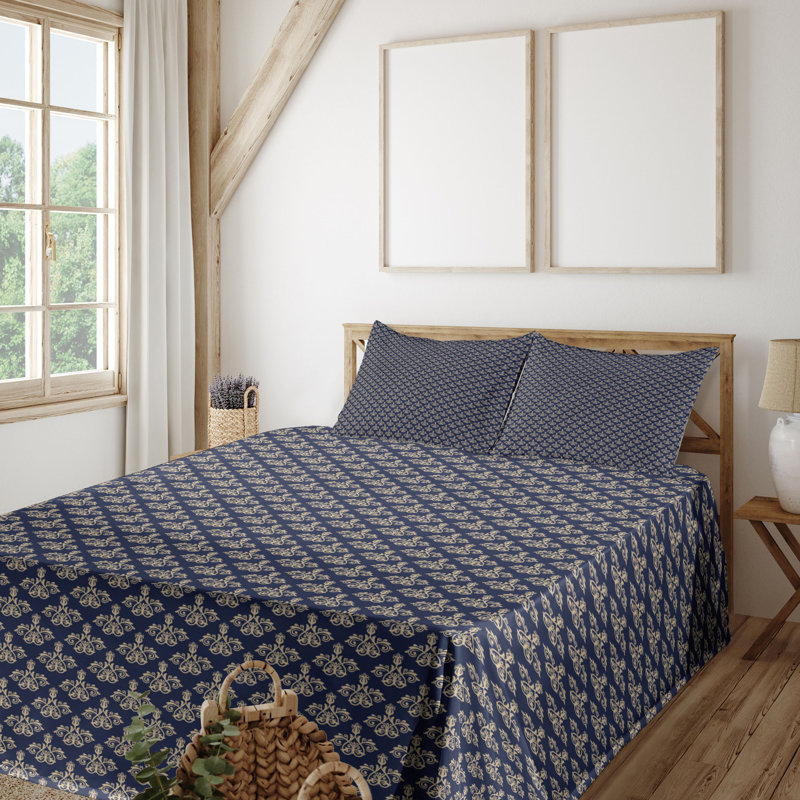Ambesonne Royal Blue Sheet Set Floral Damask Classic Pastel Brown and Indigo, King Sheet Set with 2 Pillowcases