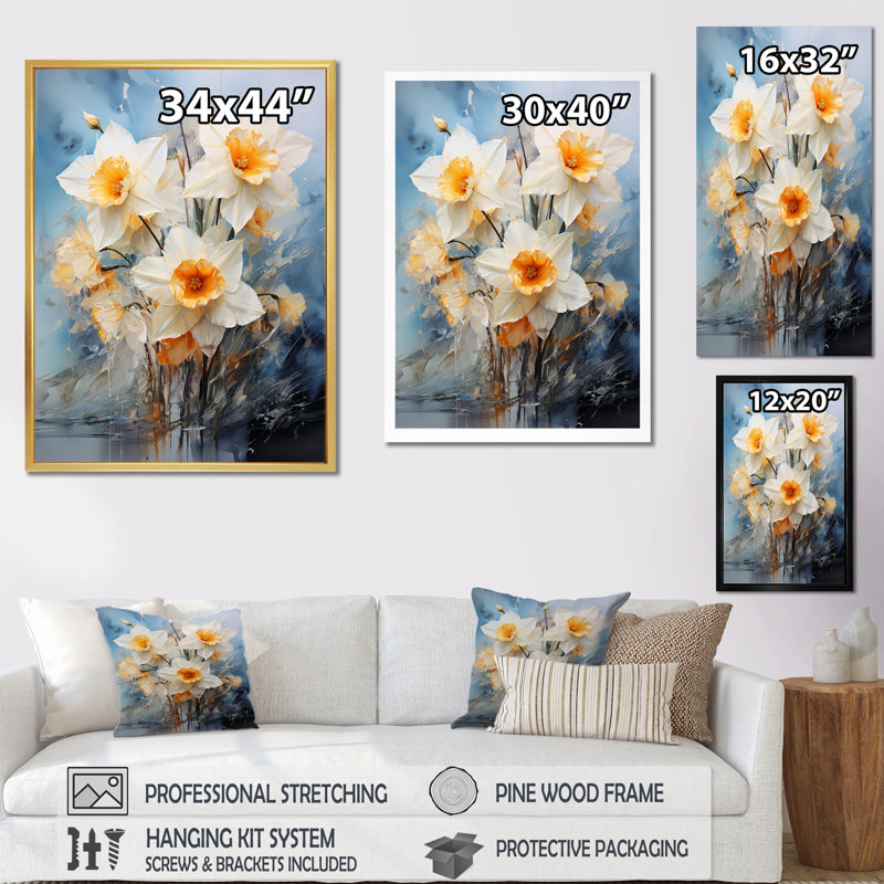 «Soft Neutrals Grey White Daffodils Bloom», reproduction sur toile, H 40 po x l 30 po x P 1,5 po, Cadre simple blanc