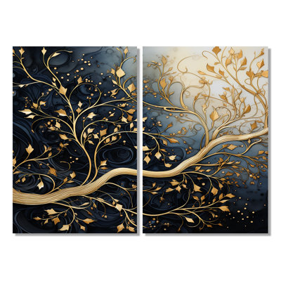 Branche dorée, arbre lumineux enchevêtrement I - art mural traditionnel doré