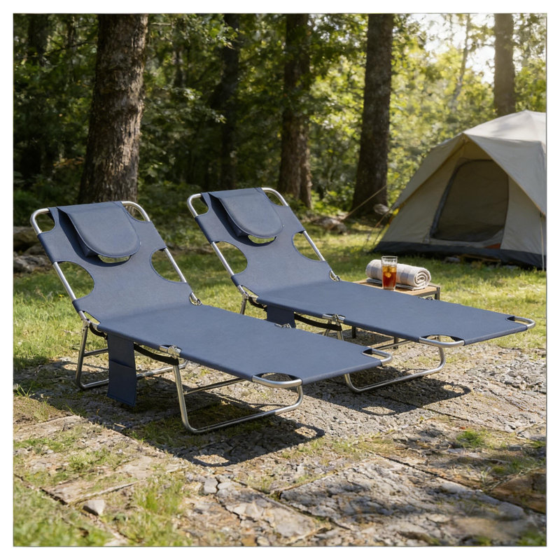 Ensemble de 2 chaises longues d'extérieur pliantes avec dossiers réglables - Fauteuils inclinables portables en acier et en tissu Oxford pour la plage, la piscine, le patio (gris)