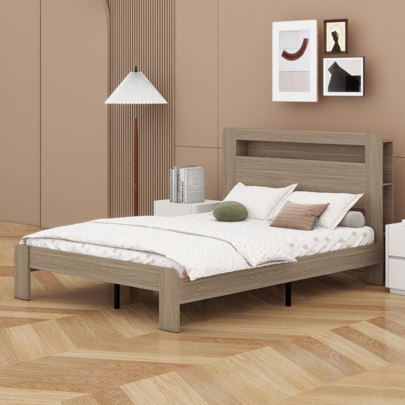 Base de lit en bois avec tête de lit à DEL, station de charge USB et grand rangement sous le lit
