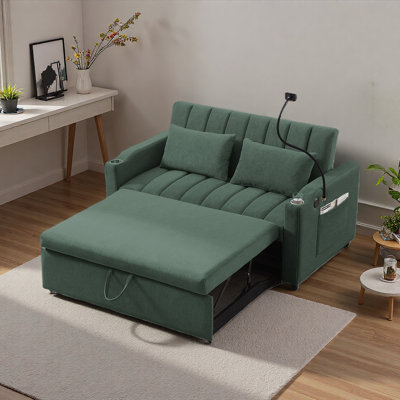 Convertible Sofa Bed With Three Usb Ports, Two Side Pockets, Two Cup Holders, 360° Swivel Phone Holder And Adjustable Backrest
