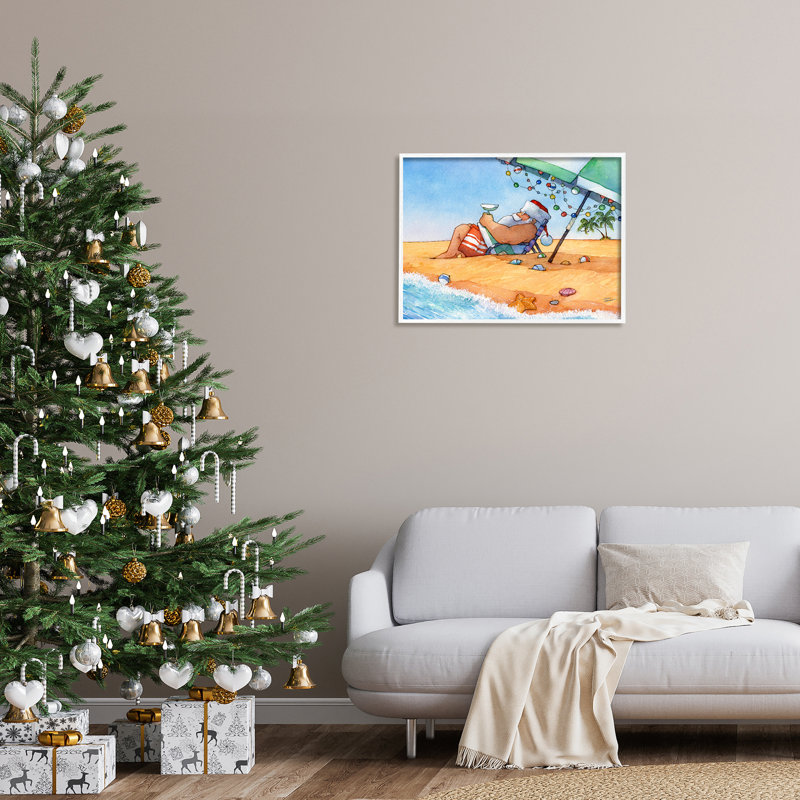 Père Noël, parasol de plage, bord de mer, Noël, encadré noir, art texturé par Steve Vanderbosch, H 24 po x l 30 po x P 1,5 po