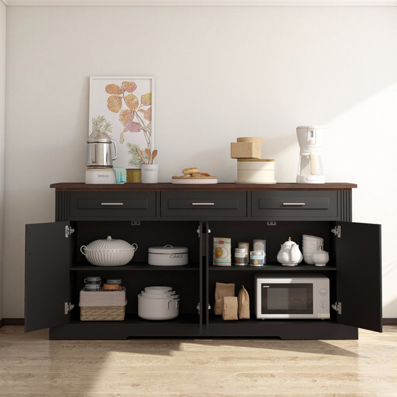Buffet moderne de 63 po avec portes cannelées, buffet à 3 tiroirs, console de bar pour la salle à manger et le vestibule