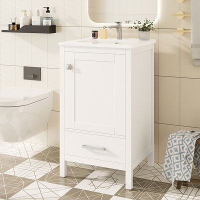 Meuble-lavabo moderne de 20 pouces avec lavabo en céramique, tiroir et porte à fermeture en douceur