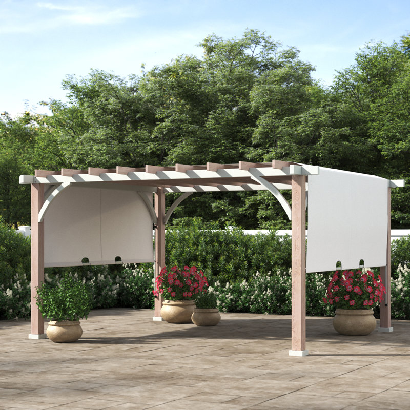 Sunjoy Delrey Pergola de 12 pi x 14 pi avec cadre en acier blanc et auvent réglable pour abri de jardin et de cour arrière, gris clair