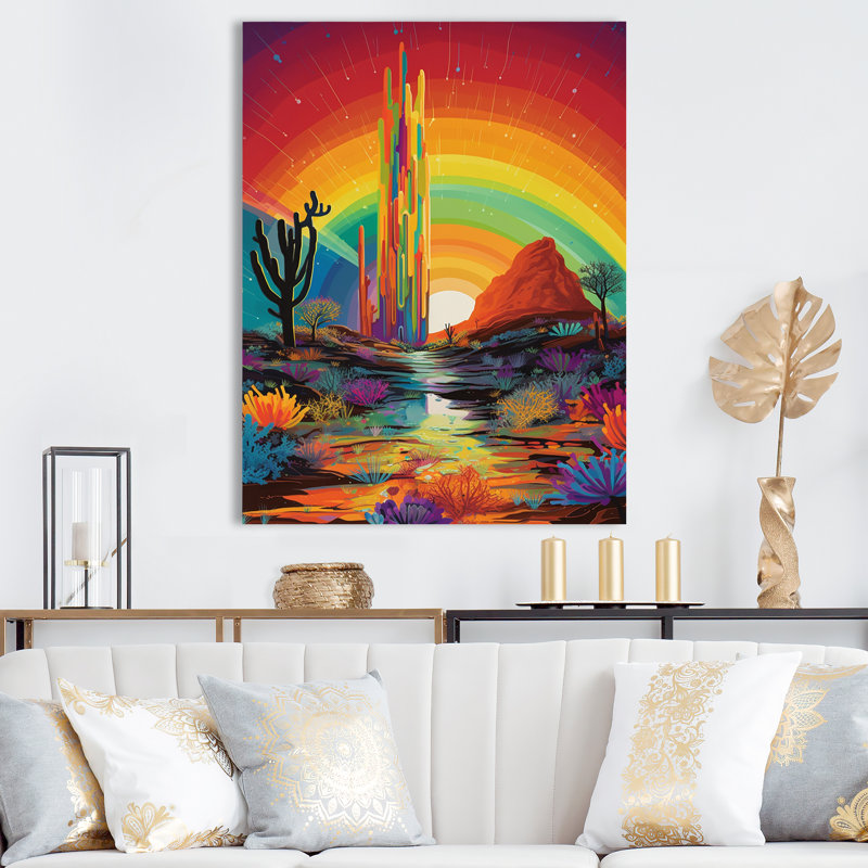 Cactus Saguaro dans un paysage de désert arc-en-ciel - impression, H 44 po x l 34 po x P 1,5 po, Toile tendue