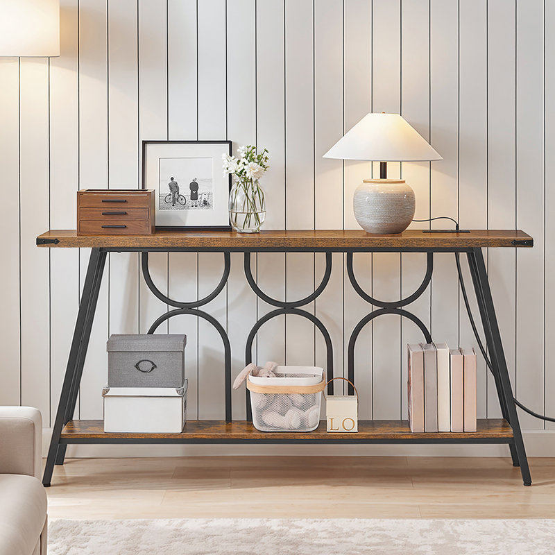 Unique 63" Console Table with Charging Station and Storage Shelf, Brown