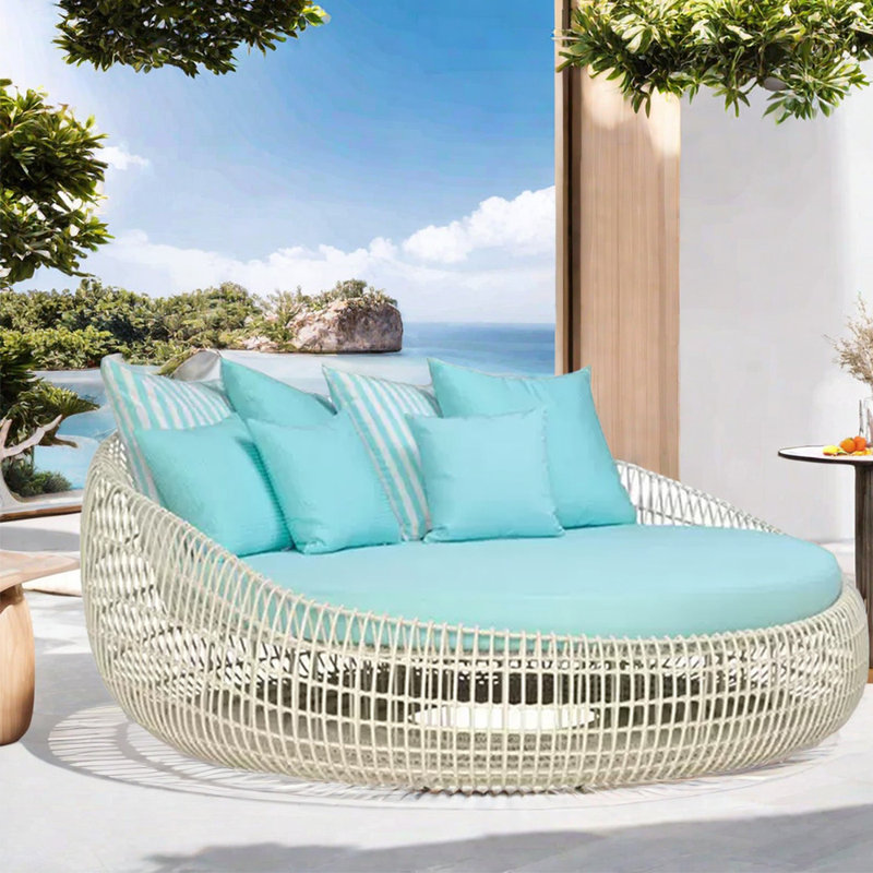 Lit de jour en rotin PE 78,74 pour l'extérieur avec coussins Sunbrella®, Blanc / bleu