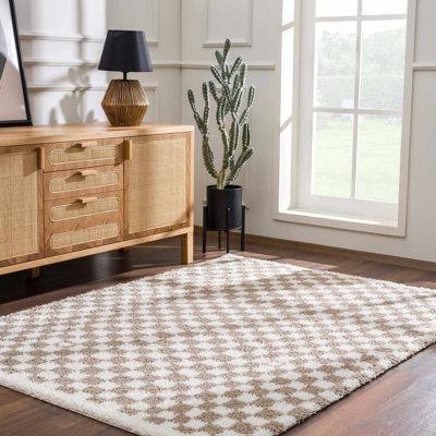 Cabble Rectangle Checkered Machine Woven Polyester Area Rug in Tan/White