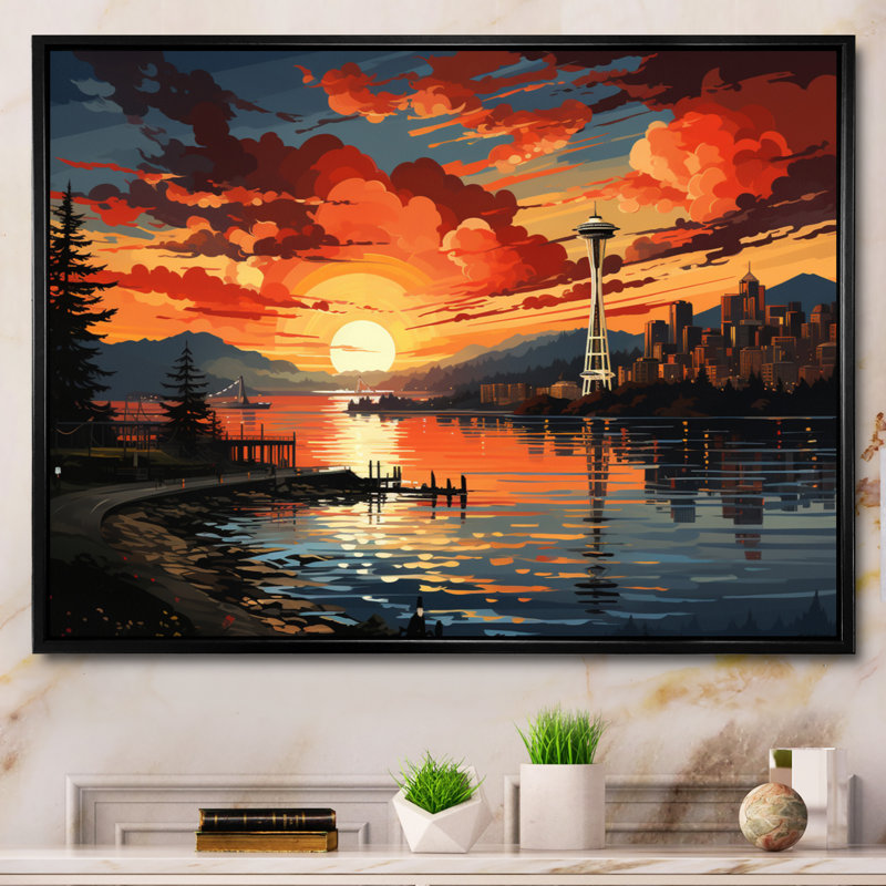 Orange, ville jaune, Seattle, Popart, impression sur toile, Cadre photo noir, H 30 po x l 40 po x P 1,5 po