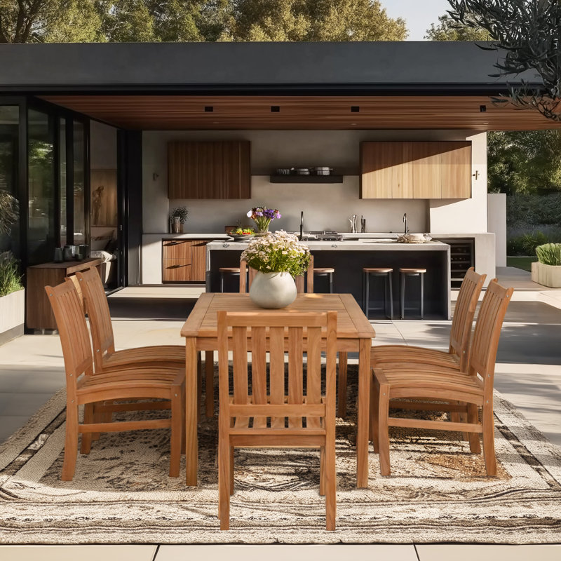 7 Piece Teak Wood Outdoor Patio Bistro Dining Set Including Rectangular Table With 6 Abaco Side Chairs