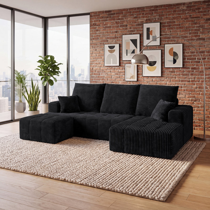 Canapé d'angle modulaire compressé en forme de U de 277 cm de large avec méridienne et pouf, 3 pièces, revêtement en velours côtelé, assise profonde, ressorts ensachés et 5 coussins pour salon, aucun assemblage requis, noir