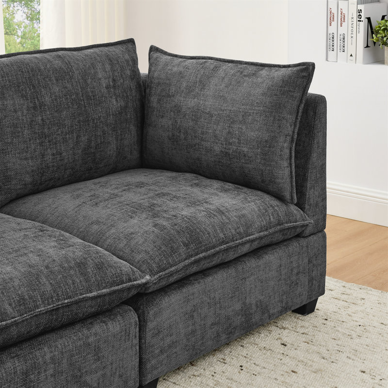 Canapé modulaire à 4 places avec 2 repose-pieds en chenille Comfy Cloud, Velours côtelé beige