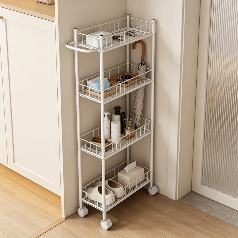 Chariot de rangement étroit et utilitaire avec poignée, idéal pour la cuisine, la buanderie, la salle de bain et le bureau. Structure métallique robuste, design compact, coloris brun rustique et blanc classique.