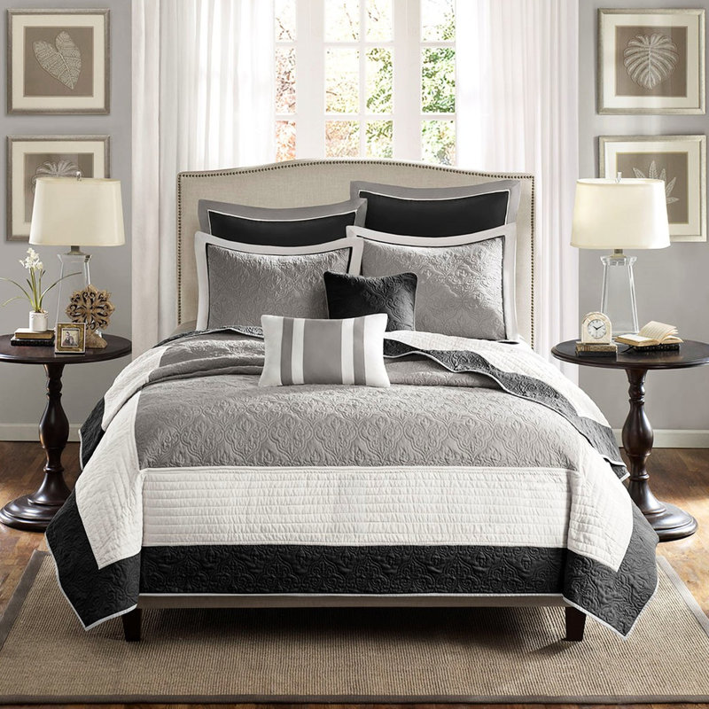 Courtepointe 7 pièces - noir, double / grand, style traditionnel, taies décoratives européennes, courtepointe à médaillon, bordure solide, lavable, taies décoratives et coussins décoratifs, courtepointe, machine