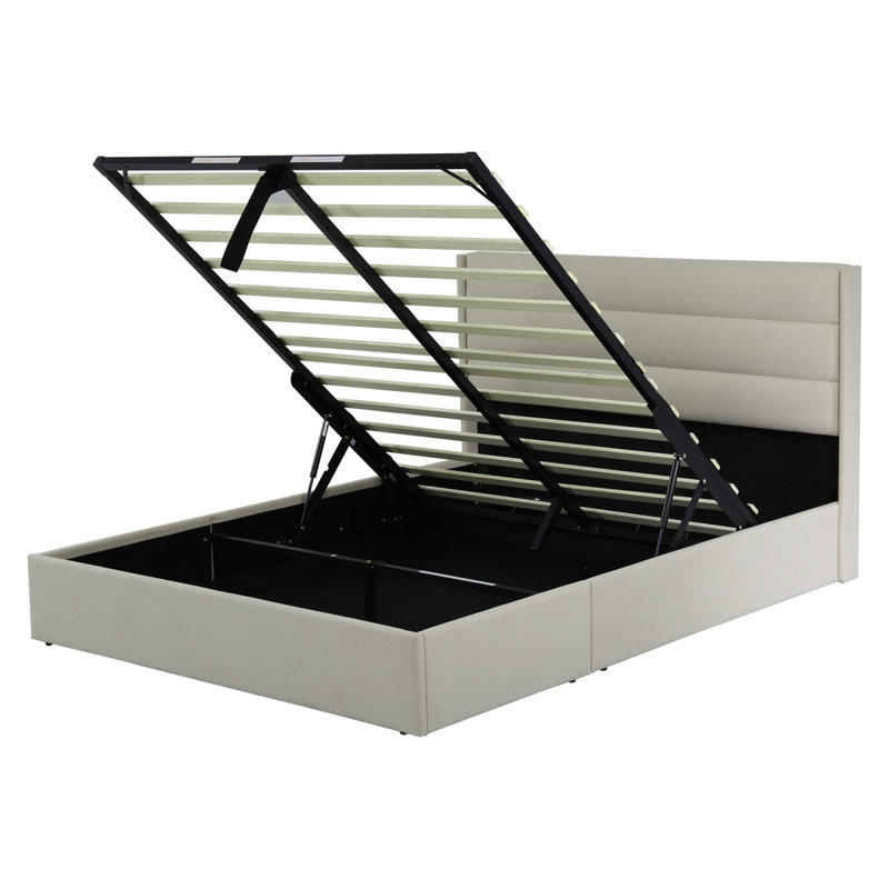 Denicolais Hydraulic Lift Up Upholstered Storage Bed with Wingback  Headboard, Queen, Beige