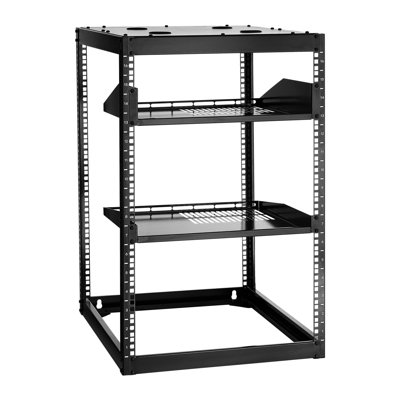 Support réseau 16U à cadre ouvert 16 po, profondeur 4, 4 poteaux robustes, avec tablettes ventilées, pour les petites installations de bureau de vente au détail fixées au mur ou au sol, arrangement d'équipement
