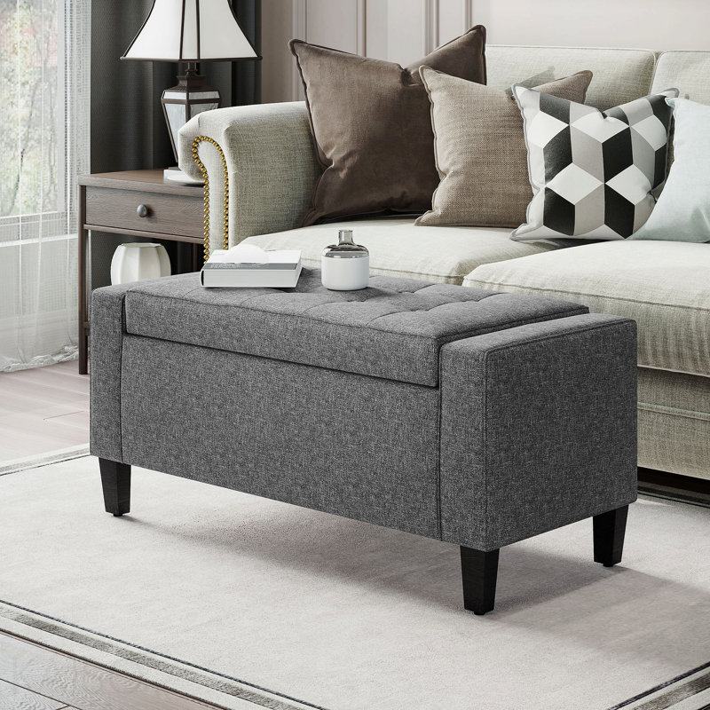 Banc de rangement rembourré en lin, avec plateau relevable / capitonné pour le salon - gris, Gray