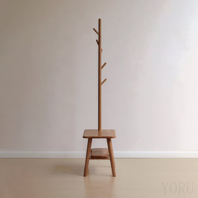 (Walnut Color) Natural Solid Wood Shoe Stool With Cloth Hanger, Mid-Century Modern Storage Bench For Entryway And Living Spaces