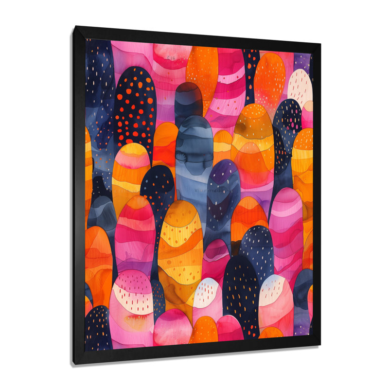 Motif bohémien rose à pois et rayures I - impression abstraite murale, H 12 po x l 20 po, Cadre photo noir simple