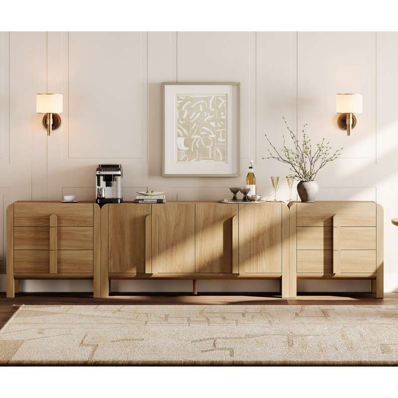 3-Piece Long Sideboard Buffet With Storage, Mid-Century Modern 126" Wooden Credenza With Doors And Adjustable Shelves For Kitchen，Living Room