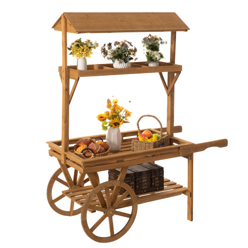 Chariot de table roulante en bois à 3 niveaux avec 2 roues pour la décoration intérieure