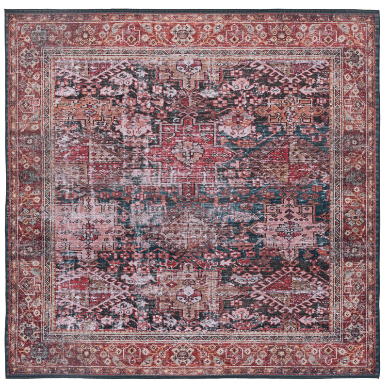 Tucson Vintage Look Machine Washable Non-Slip Area Rug in Red, Navy & Beige, Square 183 cm
