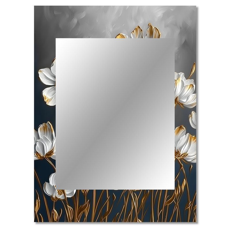 Cornflowers in White and Gold Tones III - Miroir cornflowers, miroir mural décoratif traditionnel, impression d'art en métal
