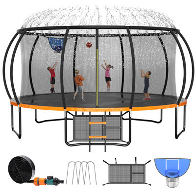 16 FT Outdoor Big Trampoline with Basketball Hoop, Water Sprinkler, Storage Bag, Anchor Kit, Inner Safety Net, Ladder, Spring Cover Padding, for Kids