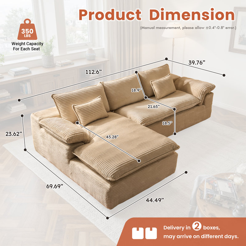 Boneless 112.6'' Oversized Corduroy Sectional Sofa With Chaise, 2-piece Cloud Couch For Cozy Winter Living, Plush Double-layer Cushions, No Assembly Needed