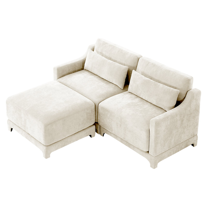 Canapé à deux places en tissu chenille avec un repose-pieds et 2 coussins lombaires.